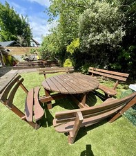 Circular solid wood picnic dining table bench with seats and backrests