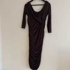 Boohoo Size 16 Long Sleeve Brown Lined Ruched V Neck Midi Dress W1