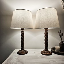 Barley Twist Lamp Pair Base Vintage Turned Wooden Table Antique 12"