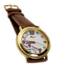 BACKWARD RUNING WATCH  LEATHER BAND, GOLD PLATED CASE,  ANALOG WATCH
