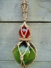2 Fishing Boat Net Glass Floats & Rope Green Red Ball Nautical  Nice Gift