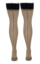 12 Pair of Plain Top Contrast Seamed Hold Ups Natural One Size - Slight Seconds