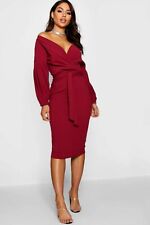 Boohoo off shoulder wrap midi dress UK 6 womens berry evening party 