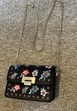 Topshop Women's Black Mini Floral Embroidery Mini Shoulder Bag with Chain Strap