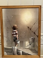 Vintage Andres Orpinas Boy On The Dock Framed Art Print 17” X 13”