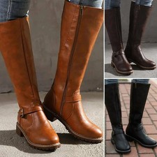 Women Casual Knee High Horse Riding Boots Winter Up Low Heel Wide Calf Shoes
