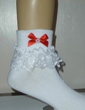 GIRLS  WHITE FRILLY LACE  SOCKS SIZE LOADS OF SIZES  BOWS AND BEADS POLKA DOTS
