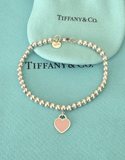 Return to Tiffany & Co. Silver Pink Enamel Heart Tag 4mm Bead 7" Bracelet
