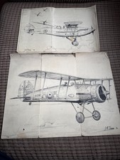 2 original WW2 Ink & Pencil Aircraft Drawings - Thomas 1939 - Gloster Gauntlet +
