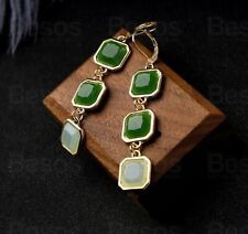 Vintage Style 6cm Long Dropper Earrings Square Green Resin Stones Gold Tone UK