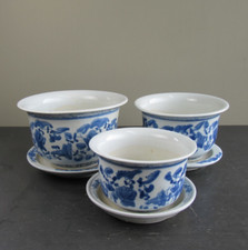 Vintage Chinese Blue & White Plant Pot & Saucer Tray x 3