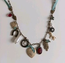 OASIS Brass Tone Teal Cotton Chain Multi Shape Cluster Charms Necklace-82cm Long