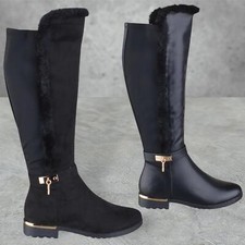 LADIES WOMENS FLAT LOW BLOCK HEEL CALF HIGH FAUX FUR STRETCH ZIP UP BOOTS SIZE