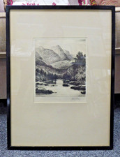 Signed JOHN FULLWOOD Etching Borrowdale Cumberland River Landscape Framed