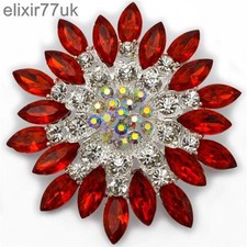 NEW 2.8" LARGE SILVER FLOWER BROOCH RED DIAMANTE CRYSTAL BRIDAL PARTY PIN BROACH