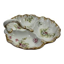 Vintage Harrods London China Dish 3 Sections With Handle Pink Floral Gilt Edging