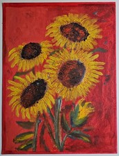 Sunflowers – Oil Painting on canvas with vibrant Red background, unsigned