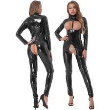 Womens Sexy Wetlook Bodysuit Cutout Catsuit Costume Open Cup Crotchless Leotard