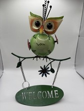 Vibrant Green Metal Owl Welcome Sign 17” tall Wall Art Garden Ornament