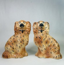 Antique Victorian Pair Of Staffordshire Tan / Brown Fireside Spaniel Wally Dogs