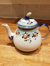 Corona Ware Teapot White Blue Floral Acorn Lid 1930's Hancock & Sons Vintage