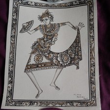  Bali Temple Dancer Painting on Linen Signed K. Pica Batuan Bali MCM