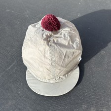 Colorspin Jockey Skull Cap Hat Cover Size Small Grey With Maroon Pompom