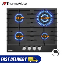 60 cm Gas Hob 4 Burner Black Glass Built in Gas Cooktop Cast Iron Support NG/LPG