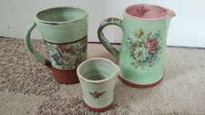 Jane Booth Ceramics Studio Pottery, Jug, Mug And Creamer Green Floral Text Image