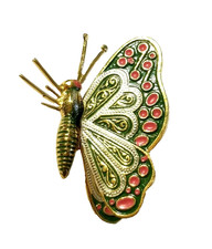 GREEN PINK WHITE DAMASCENE ENAMEL BUTTERFLY PIN FOLDED UNIQUE SIGNED SPAIN