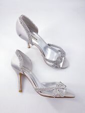Dune size 4 (37) silver satin diamante strap slip on stiletto heel party sandals