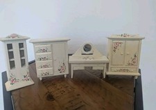 Vintage White Wooden Floral Furniture Set Doll House Dressing Table Drawers Unit