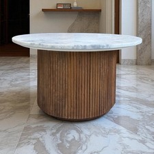 Solid Mango Wood Fluted Base & Natural White Marble Top Coffee Table