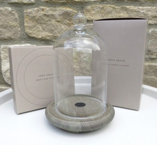 TRUE GRACE SMALL GLASS CLOCHE BELL DOME DISPLAY CANDLE WITH OAK PLINTH SET NEW