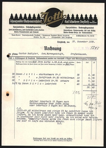Invoice lenzkirch 1939 jotti - lenzkirch, 1939,