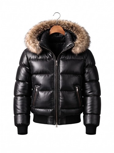 Black leather puffer jacket - black,