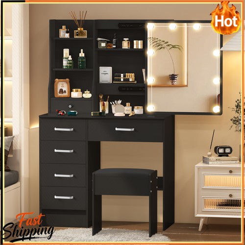 Black dresser desk - black, stool