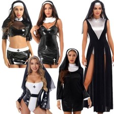 Nun Costume for Women Halloween Religious Outfit Split Velvet Leotard Long Dress