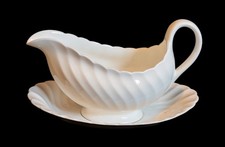 Wedgewood Candlelight White Bone China Gravy Boat & Saucer Plate