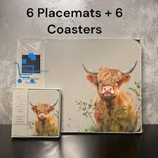 Set of 6 Grey  Floral Highland Cow Placemats & 6 Coasters Dinner Table Mats