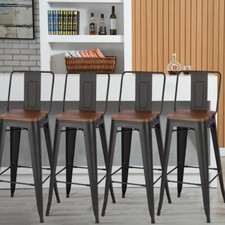 4x Breakfast Bar Stools Elm Wood Seat Top Metal Frame Bucket Back Counter Stool