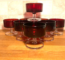 Set Of 8 French Retro Luminarc Arcoroc Ruby Red Dessert Champagne Glasses