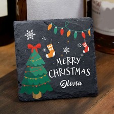 Personalised Slate Coaster Merry Christmas Gift Idea for Her Him Custom Any Name