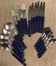 Cutlery Set: Stainless Steel & Blue Plastic Handles, GC - used, minor wear