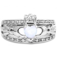 Natural Claddagh Opal 20 Diamond 9K 9CT 375 Solid White Gold Celtic Irish Ring