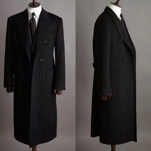 Black navy wool great coat - wool,