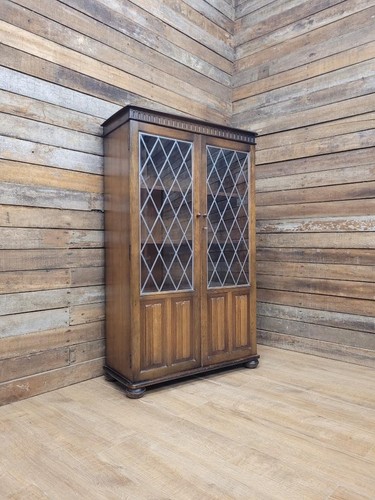 Oak glazed bookcase leaded - oak,
