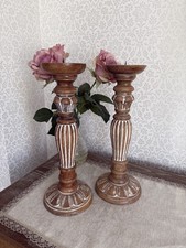 Laura Ashley Vintage Distressed Candlestick Pair Shabby Chic Wooden Barley Twist