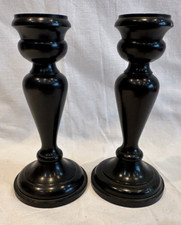 Vintage Pair Wooden Candle Sticks - Church - Unusual Design 14.5cm Tall - Ebony