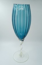 Blue Art Glass Ribbed Vase With Clear Pedestal Twist Stem, 34cm, Vintage